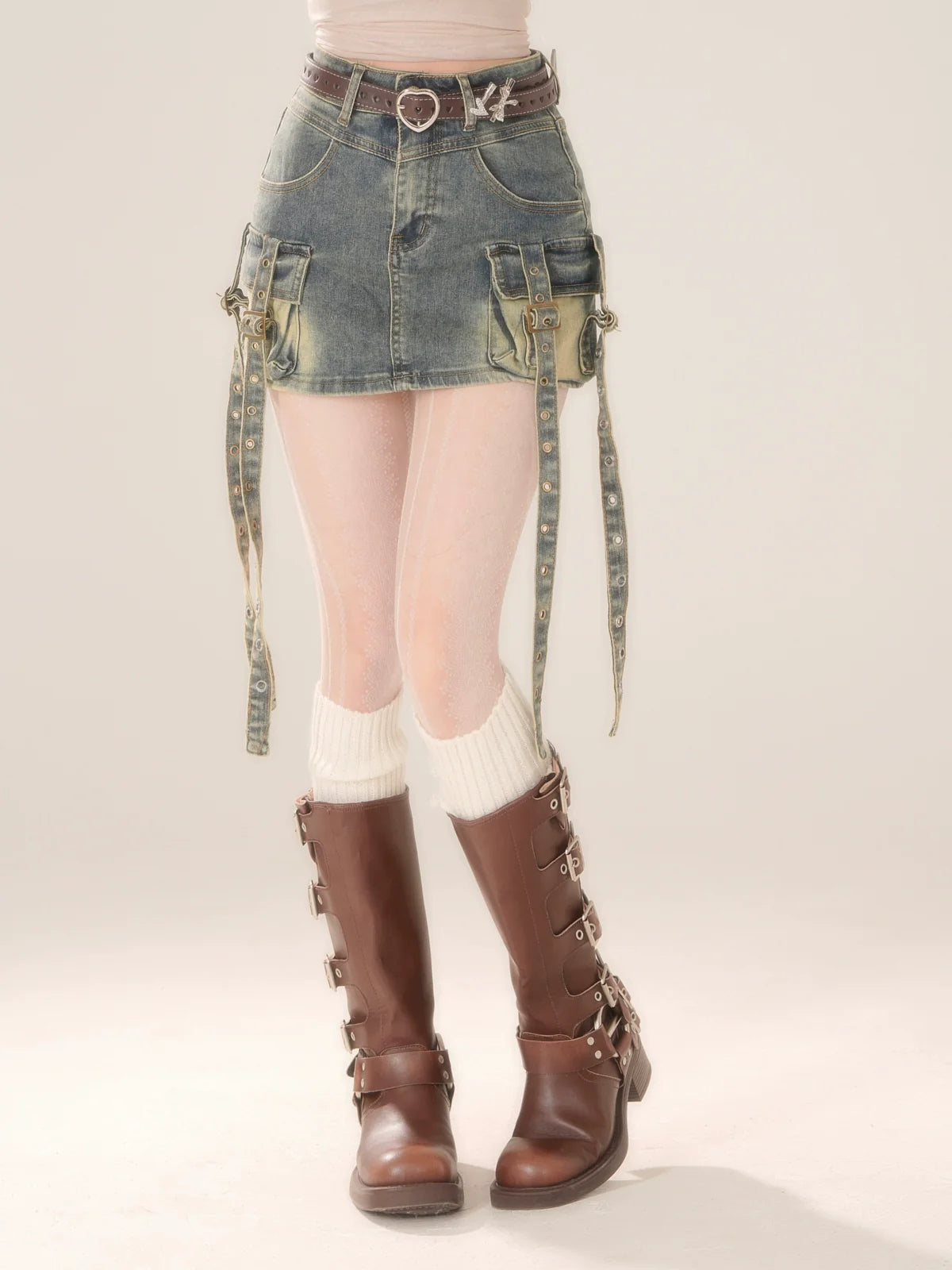 ポケットデニムレトロブルーカーフスカートOsh