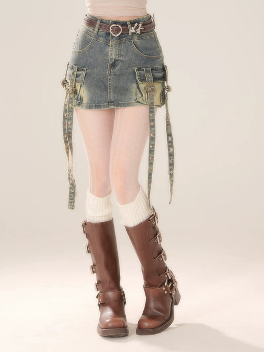 Pocket Denim Retro Blue Calf Skirt Osh