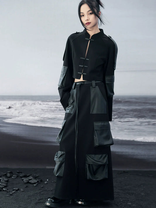 Schlitz Großer Stricktaschen Lederrock Dunkel