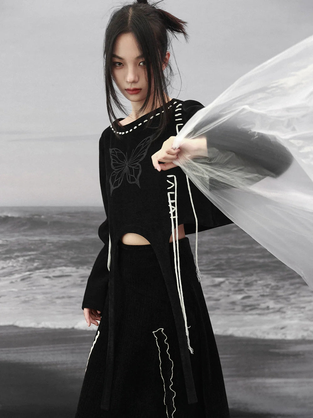 Sweatshirt Design Kurz Schmetterling Strappy Schwarz