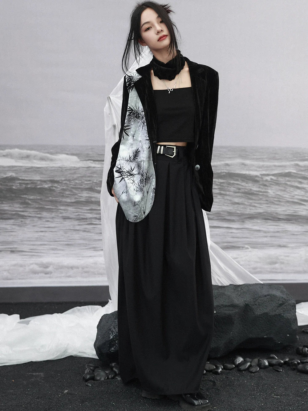 中国プリントジャケット コントラスト竹ベルベットカラースプライシング