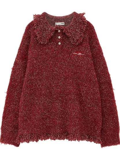 Tassel Line Retro Botan Polo Mixed Tops