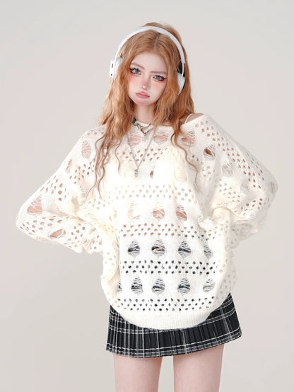 Ripped Cutout White Top Knit
