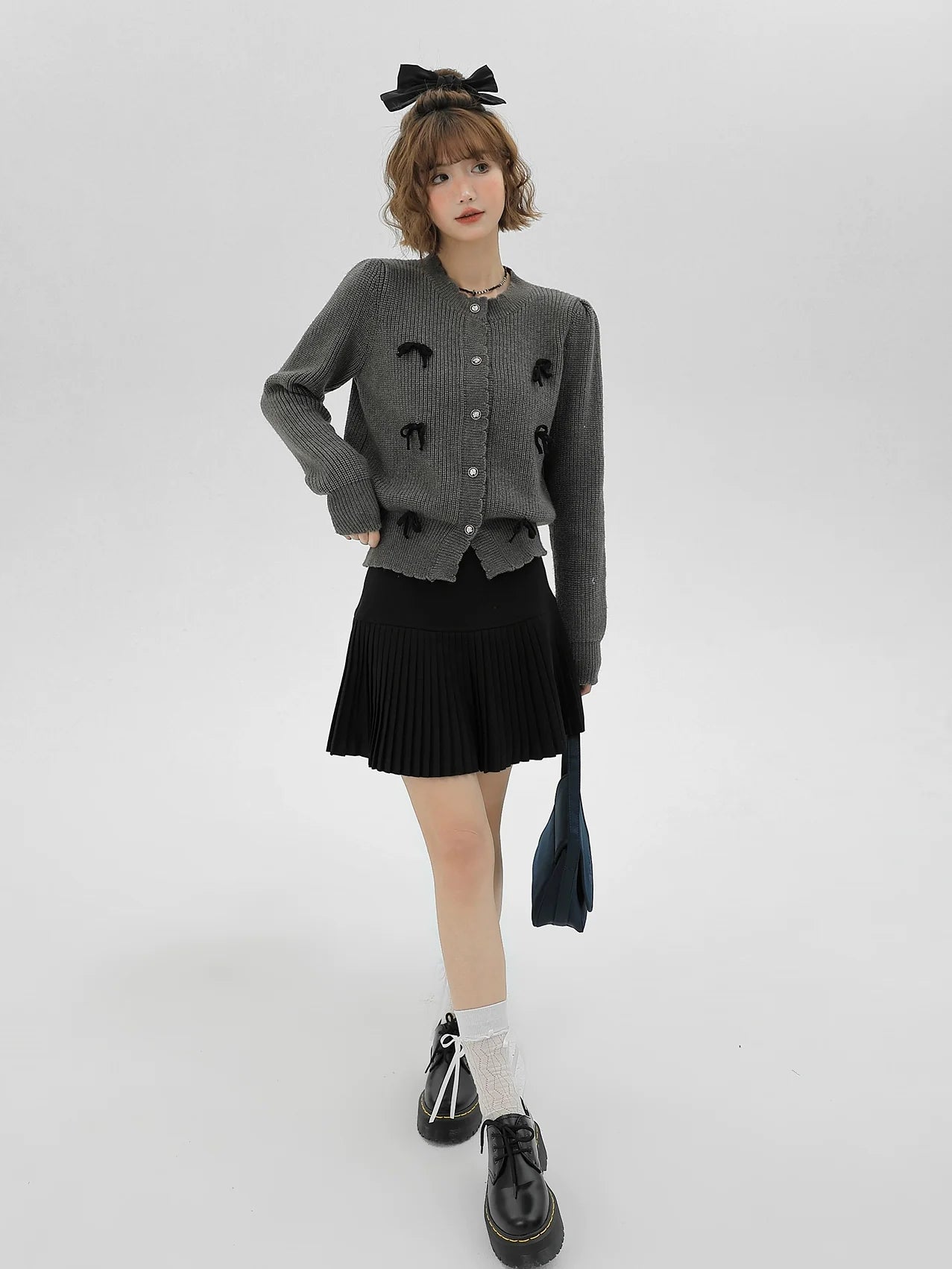 カーディガン グレー ニット フレンチリボン