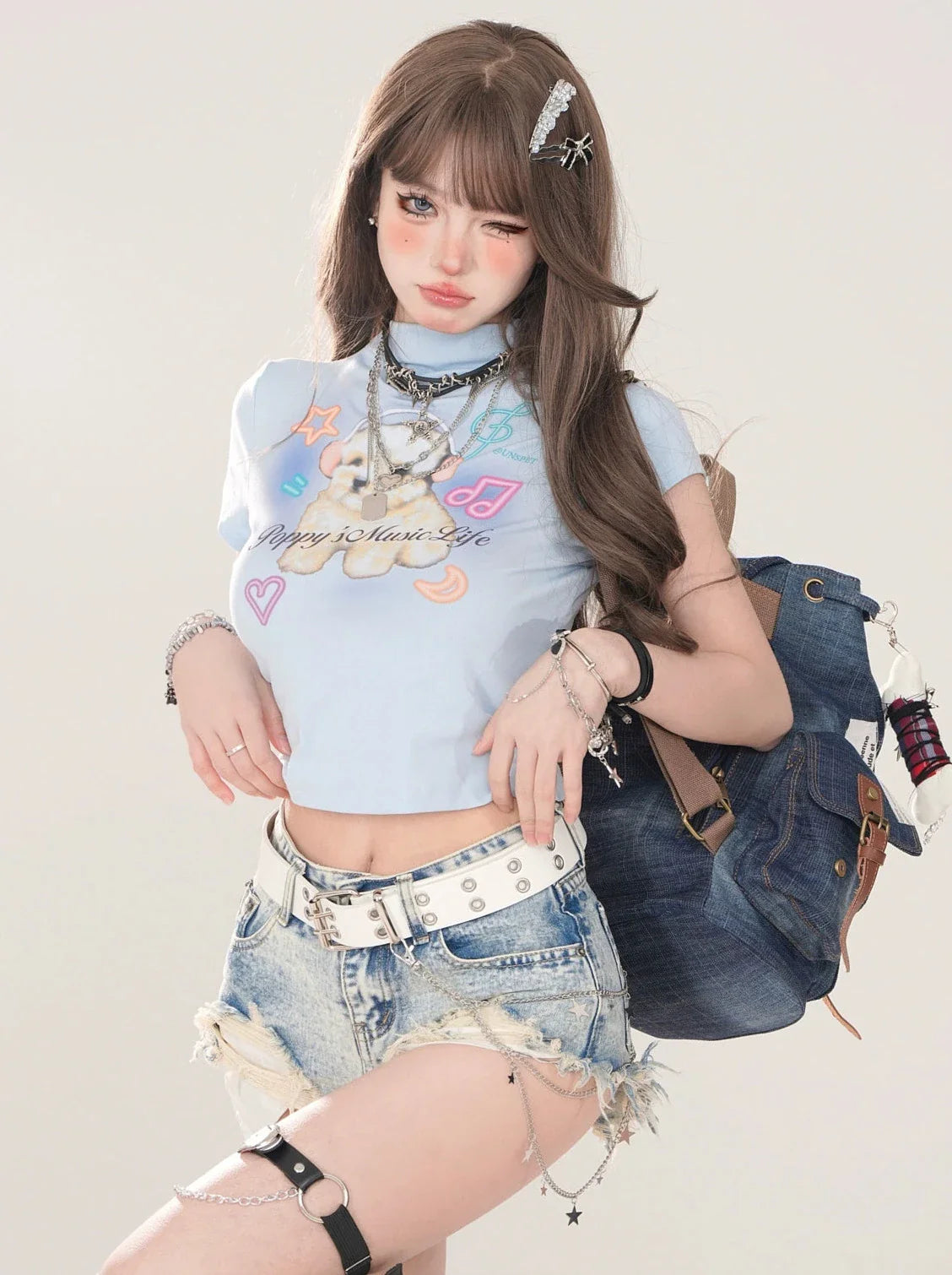 American Short T-Shirt Print Neck High Dog Little Cutie