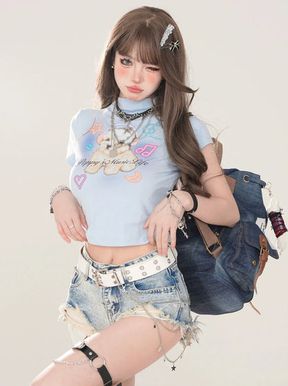 American Short T-Shirt Print Neck High Dog Little Cutie