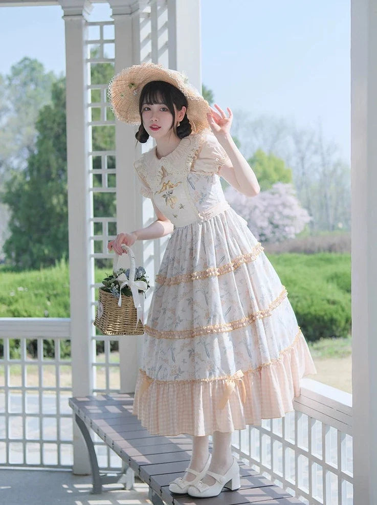 Lolita-Sommerrock mit süßem Druck und Blumenstickerei