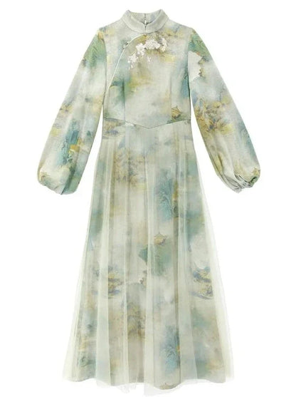 Neck Marbled Green Dress China Half