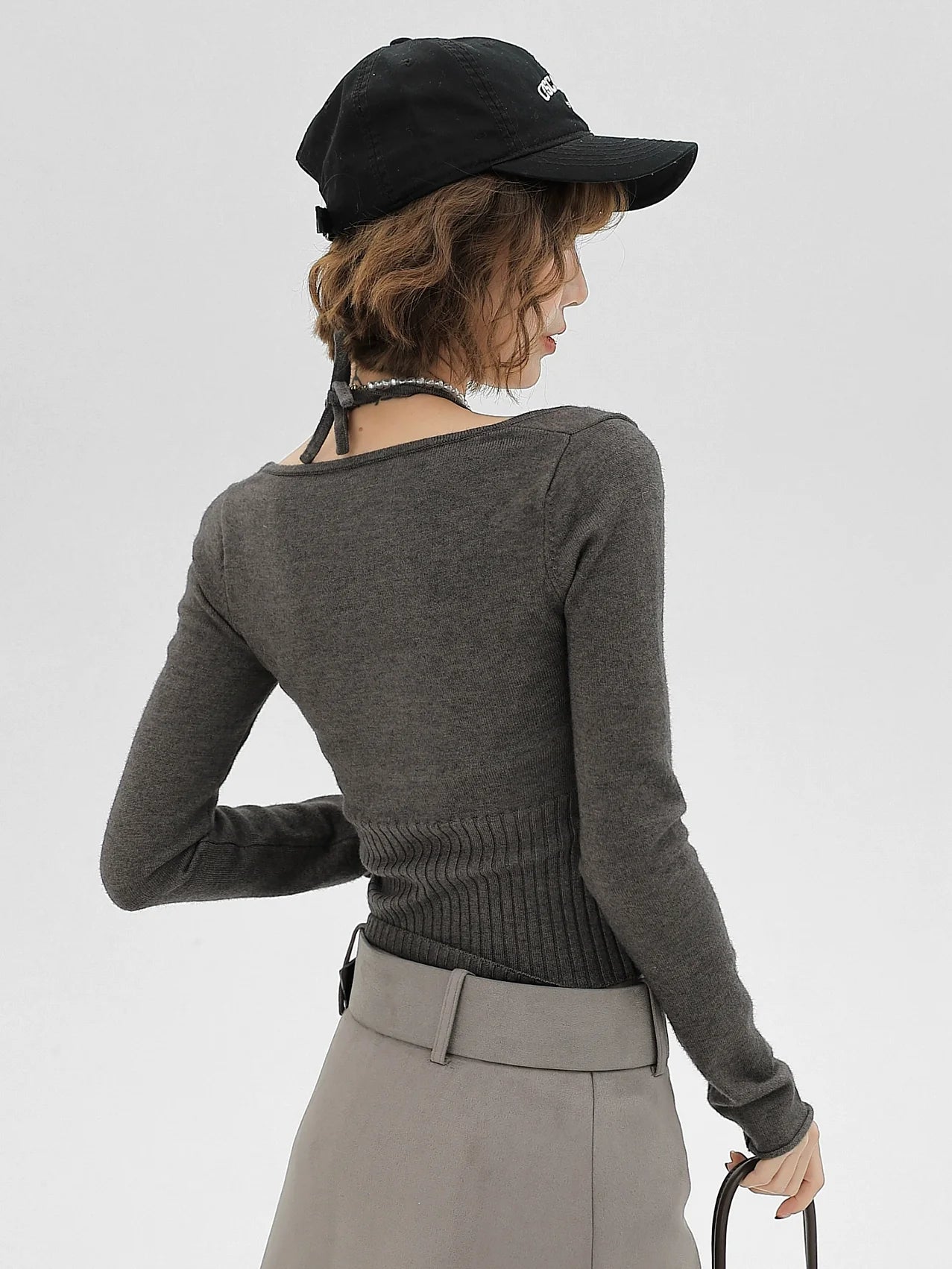 Top Halter Neck Slim Knit Piece Faux Ribbon Two