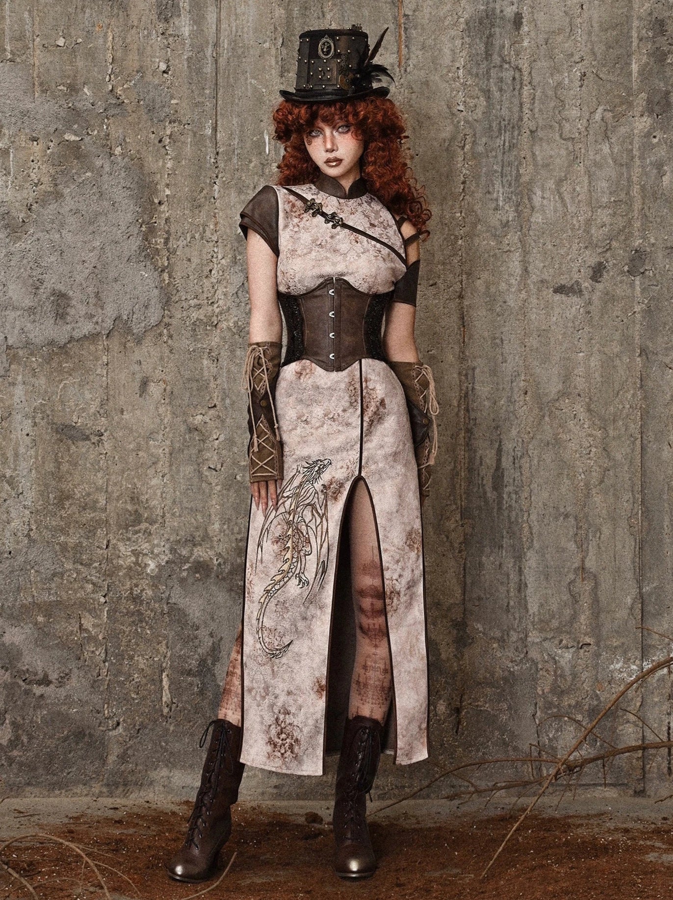 スリット入りストラップレス刺繍パンクチャイナレトロドレスドラゴン