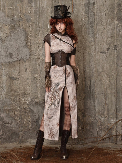 スリット入りストラップレス刺繍パンクチャイナレトロドレスドラゴン