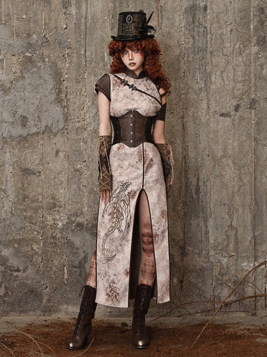 スリット入りストラップレス刺繍パンクチャイナレトロドレスドラゴン