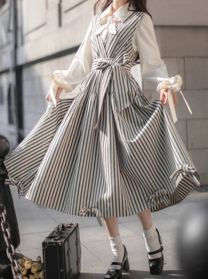 Ribbon French V-Neck + Shirt Dress Retro Striped Ribbon