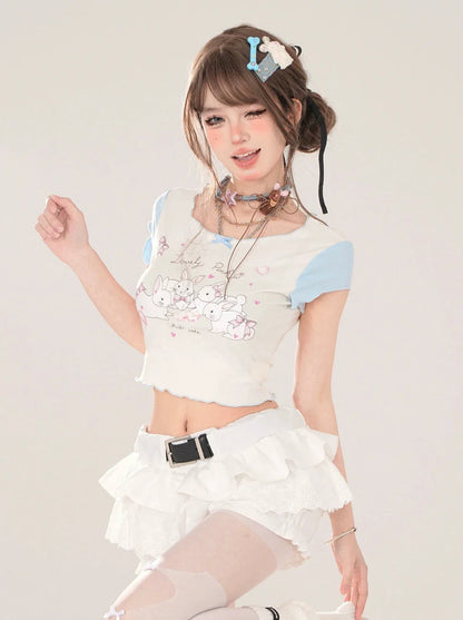 ショートTシャツ キュートなUネック フリルプリント ウサギ