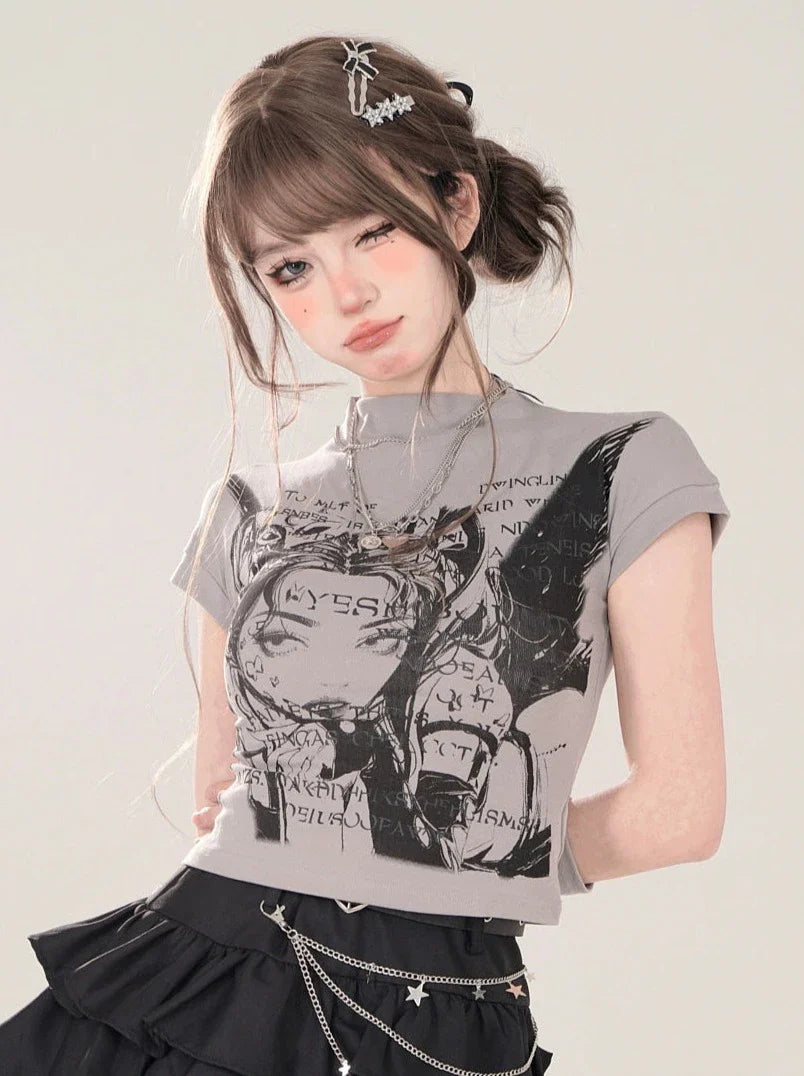 ショートタートルネック + スモールTシャツプリント グレー 地球儀イラストスリーブ