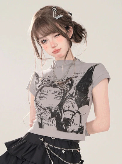 ショートタートルネック + スモールTシャツプリント グレー 地球儀イラストスリーブ