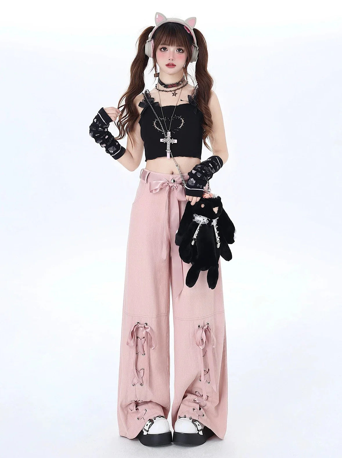 Satinhose mit Schleife und Schnürung, locker