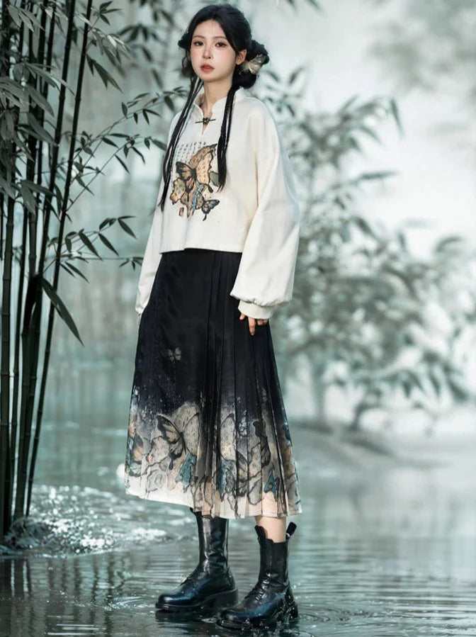 Sweat-shirt chinois zippé + parka noire à capuche courte avec motif papillon
