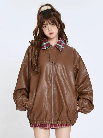 Kragen Check Retro Jacke Leder Lose Amerikanischen