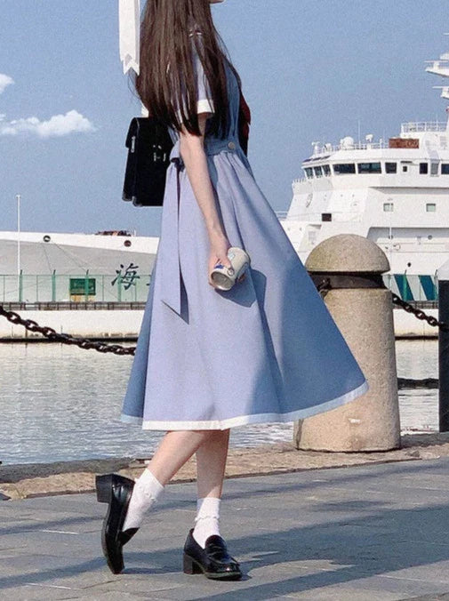 Color Sailor + Chamomile Ribbon Dress Elegant Blue Route Tie Gray