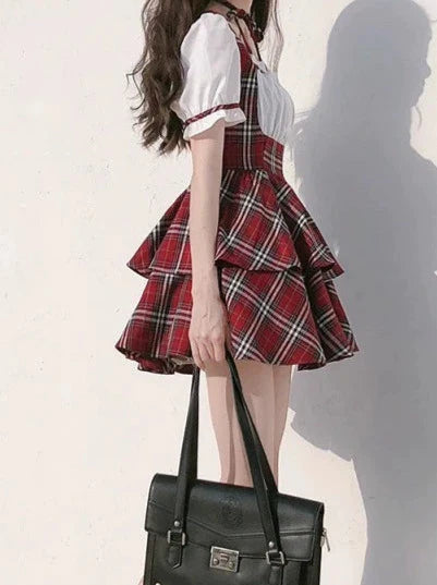 Hose Puff Scottish + Choker Ribbon Puffärmel Cake + Kariertes Kleid Rot