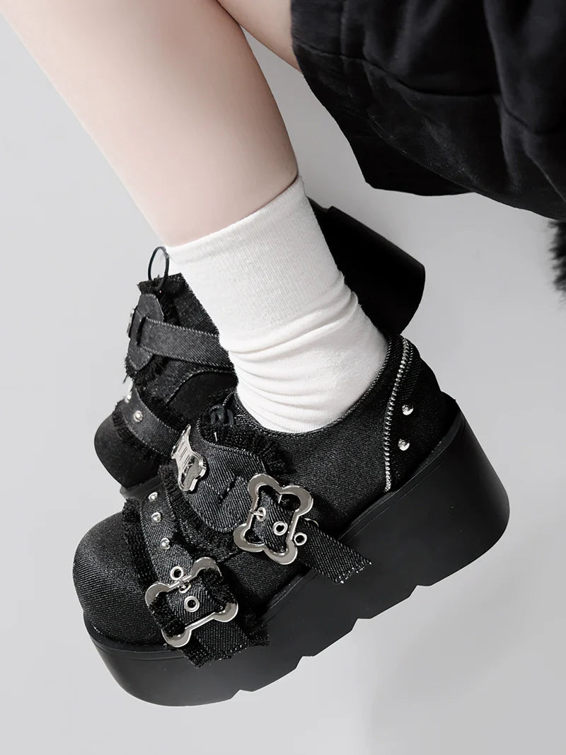 Toe Denim Shoes Puppy Platform Angel Punk Style Round