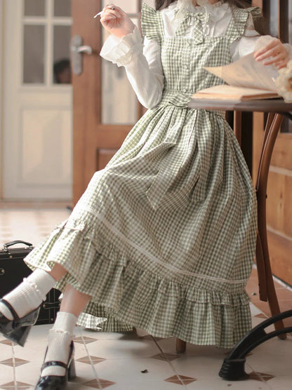 セットグリーンワンピース + シャツショルダーチェック + フリルカラーフォレストフリルフレンチリボン