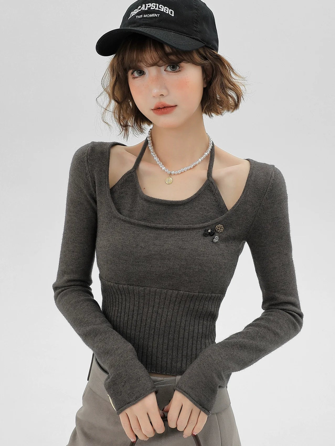 Top Halter Neck Slim Knit Piece Faux Ribbon Two