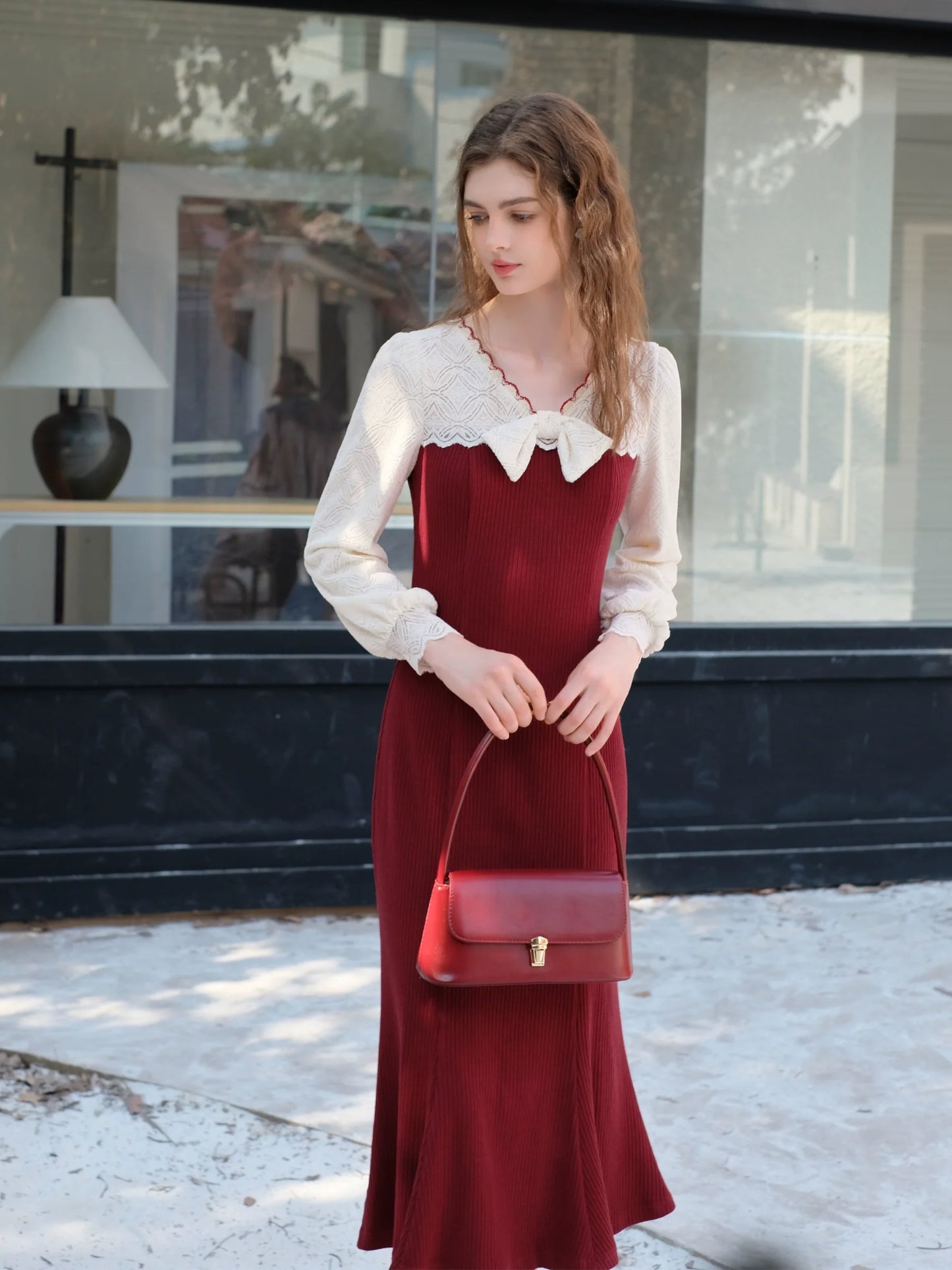 French Mermaid Ribbon Likör Spitzen Strickkleid Kirsche