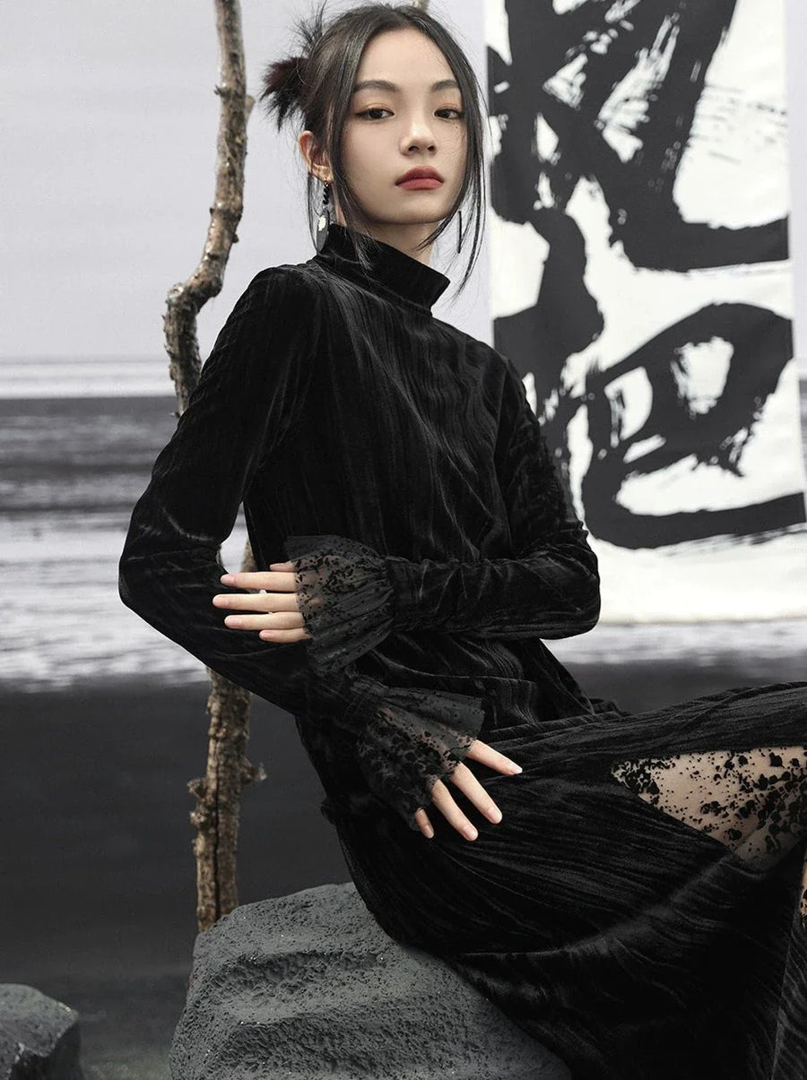 Robe rétro en maille épissée longue en velours noir slim