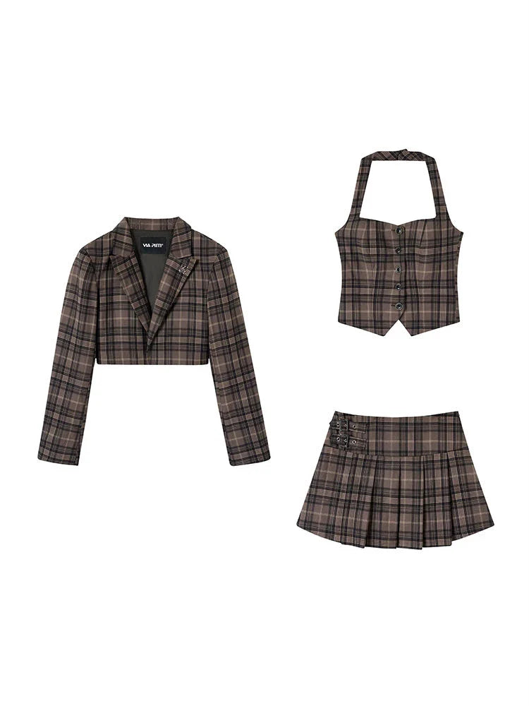 Retro Suit Piece Sleep Style Skirt Pleated Jacket College Vest