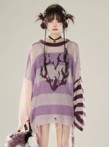 Gestreifter, transparenter Strickpullover mit Kontrast, asymmetrisch, locker