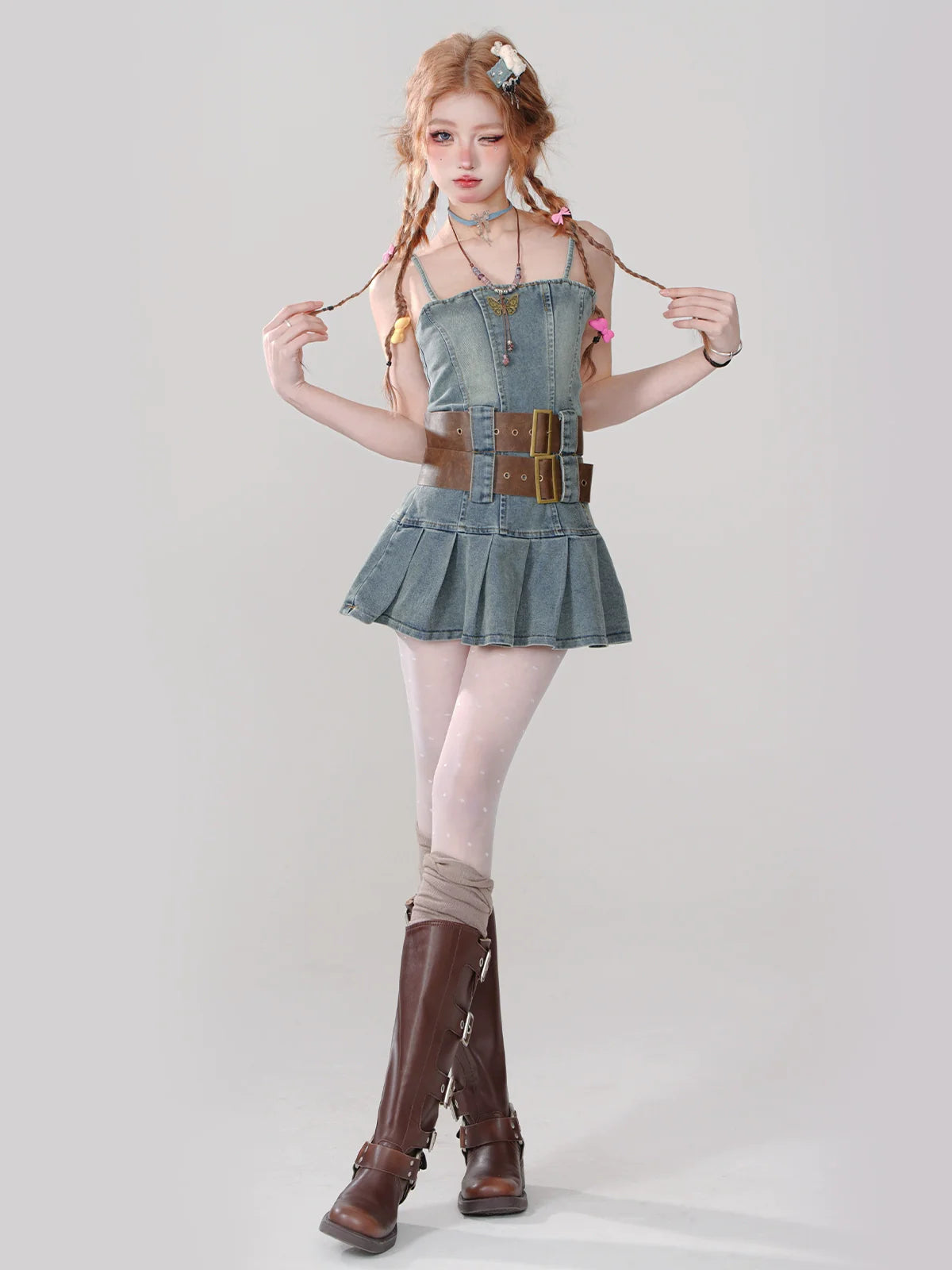 ホットなレトロデニムプリーツスタイルドレスガールサスペンダー