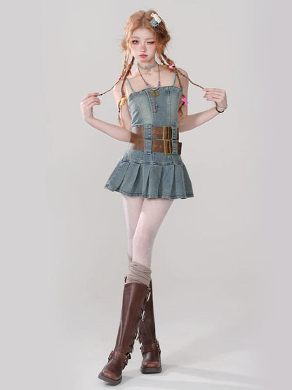 ホットなレトロデニムプリーツスタイルドレスガールサスペンダー