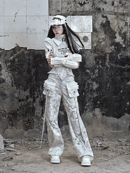 Waist Wide Ruffle Pants Gothic White Lace-Up Pocket