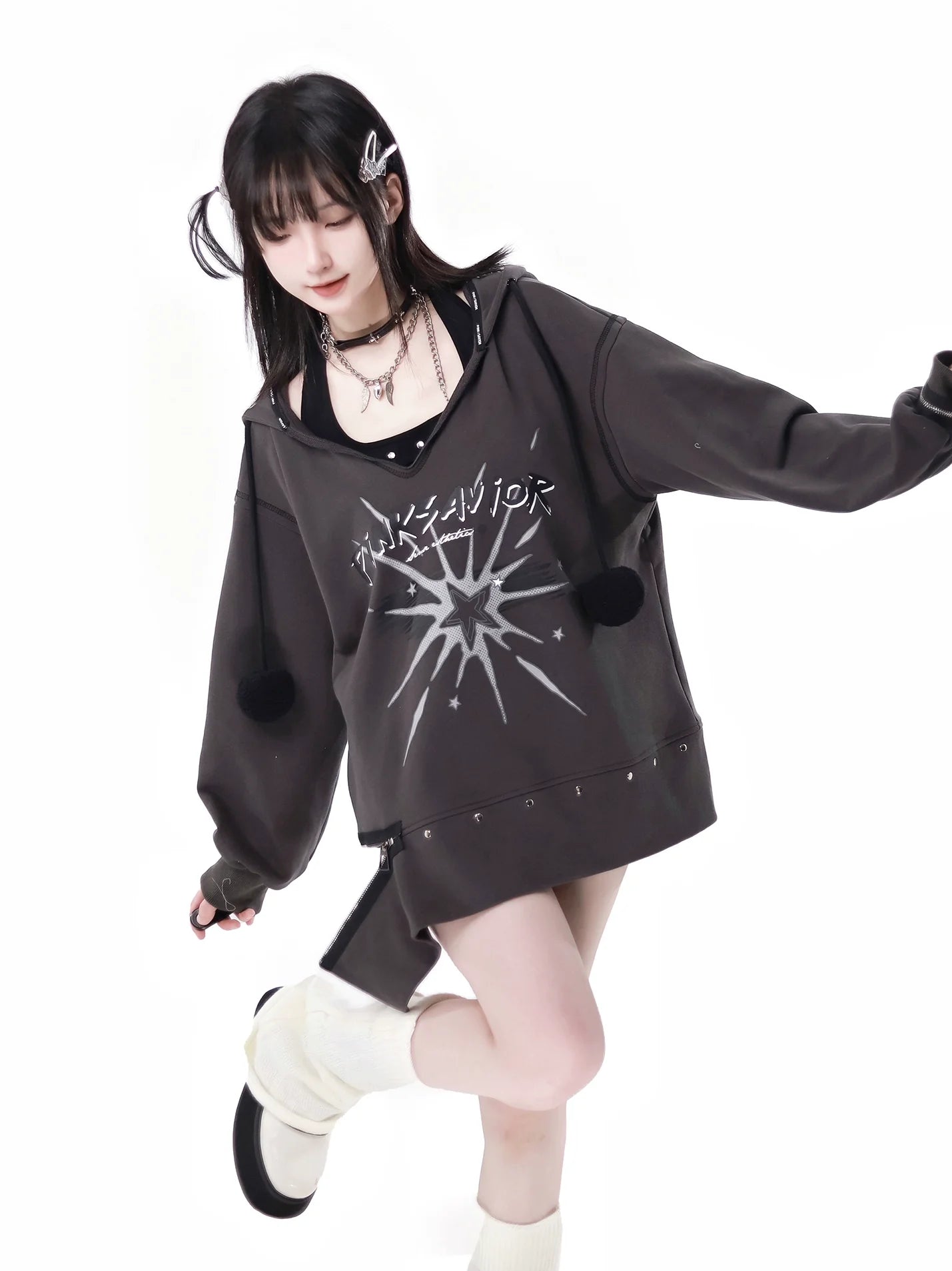 Fur Ball Zip Slit V-Neck Hoodie + Halter Neck Cami Top