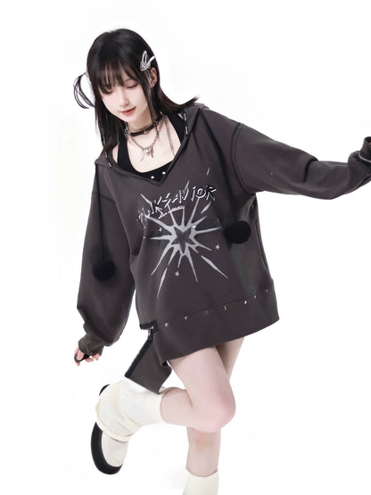 Fur Ball Zip Slit V-Neck Hoodie + Halter Neck Cami Top