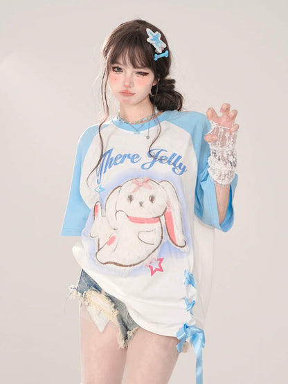 Raglan New T-Shirt Pink Blue Loose Rabbit and Design