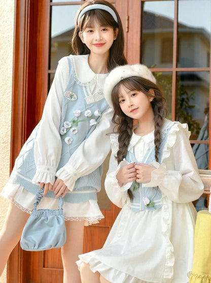 Glockenblumen-Setup: Strick-Kuchenrüsche + Hemdrock + Weste