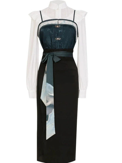 China Hosenträger Bluse Grün Dunkel + Rock + Schal