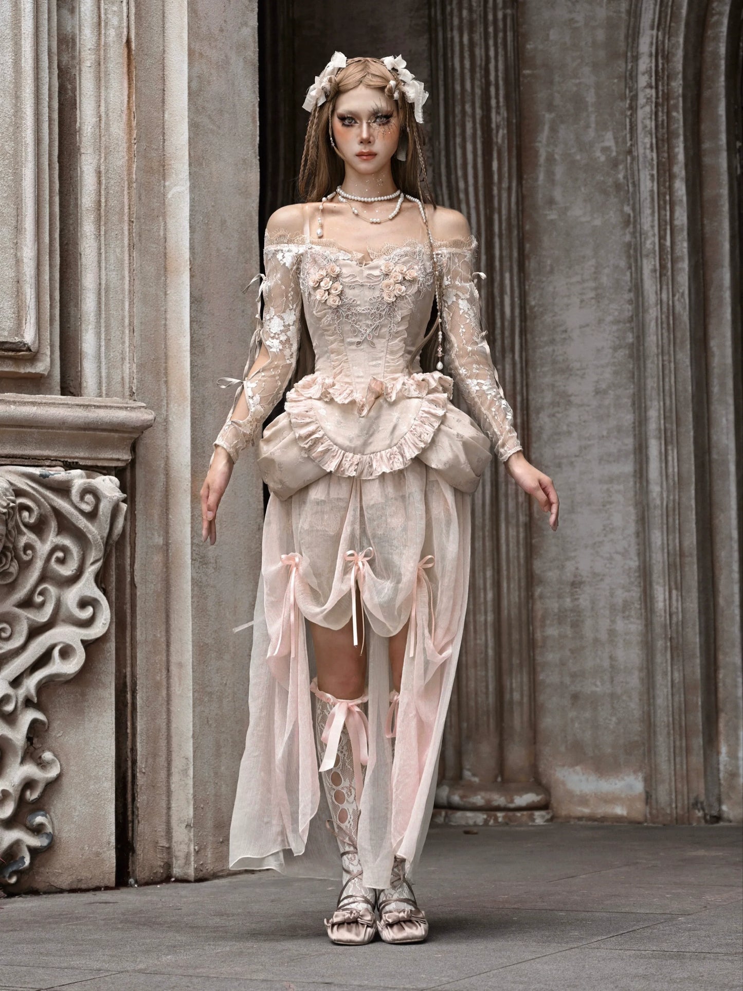 コートストラップレースバレエカーディガントップスクロシェスリーブインナーオフショルダー