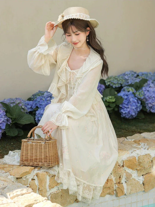 Shoulder Ruffled Ruffled Floral Lace Dress Print Jacket Romantic