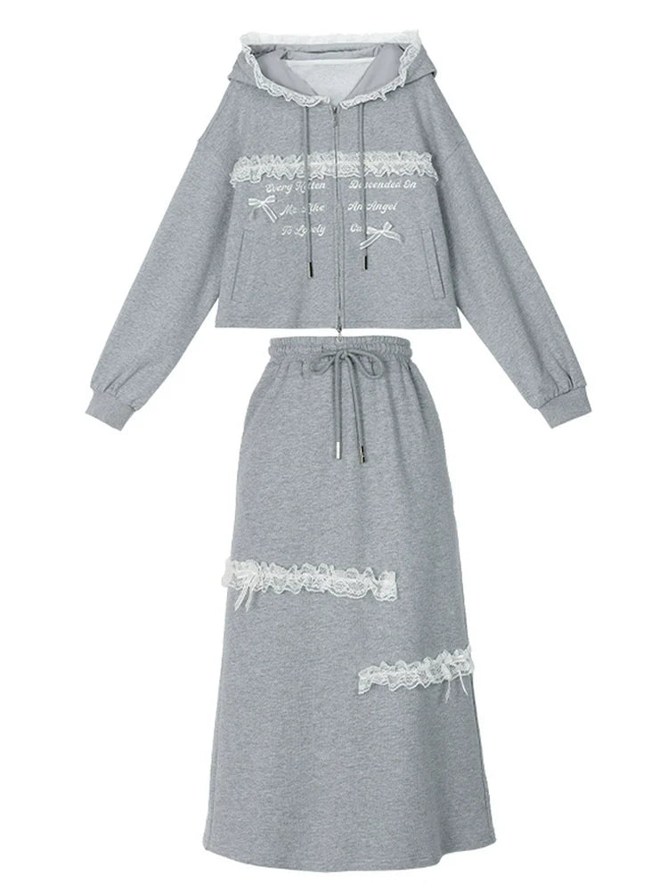 Long Gray Top Lace Hoodie Gray Embroidery Skirt