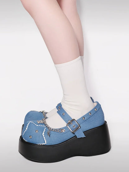Schnalle Star Toe Platform Denim One Punk Runde Schuhe