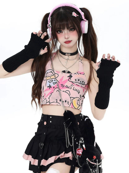 Pure Cute Print Neckholder Top Graffiti Katze