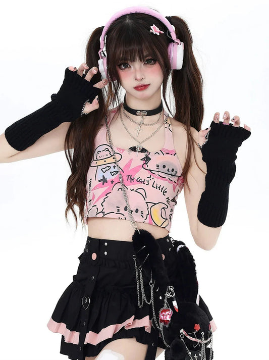 Pure Cute Print Neckholder Top Graffiti Katze