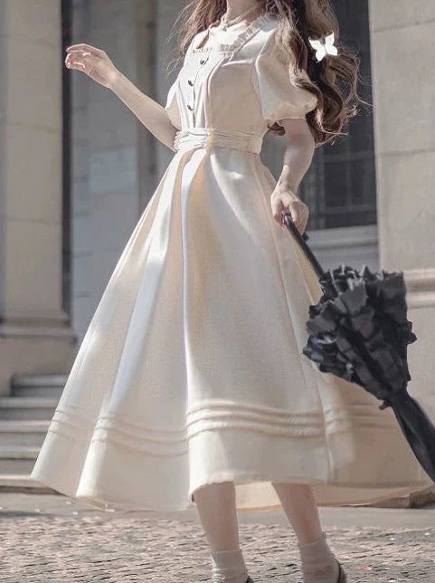 Satin Collar Square Apricot + Belt Retro Pearl Dress French