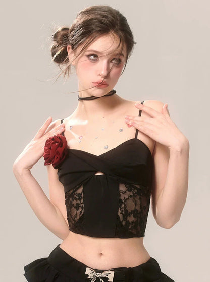 Rose French Short Top Spitze Schwarz Straps
