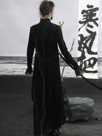 Dress Retro Mesh Splicing Long Velvet Black Slim