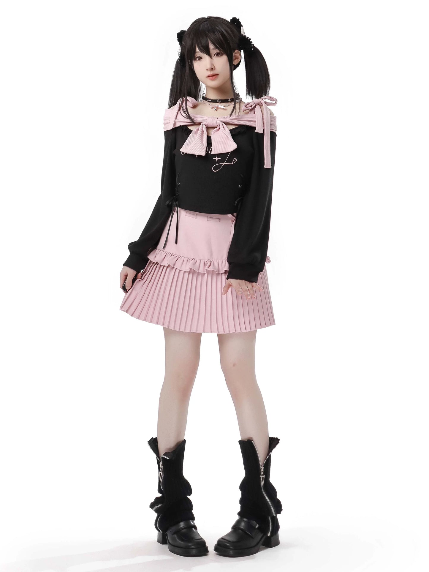 Knit Pink Ribbon + Straps Black Off-Shoulder Top